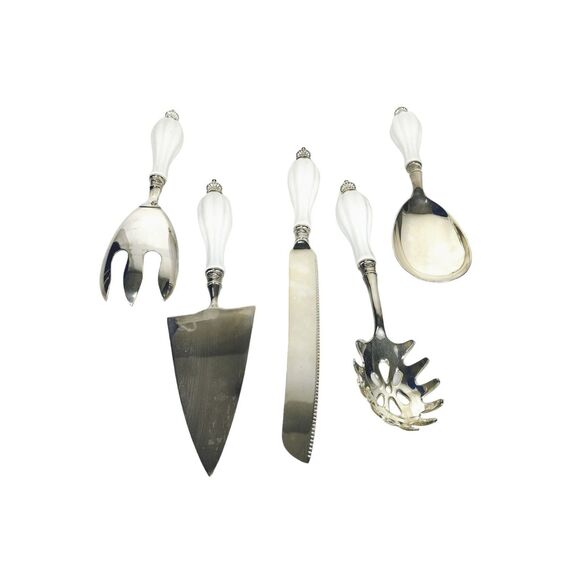 Vintage Godinger Silver Plated White Porcelain Handle Server Utensil 5 Pc. Set - Picture 4 of 11